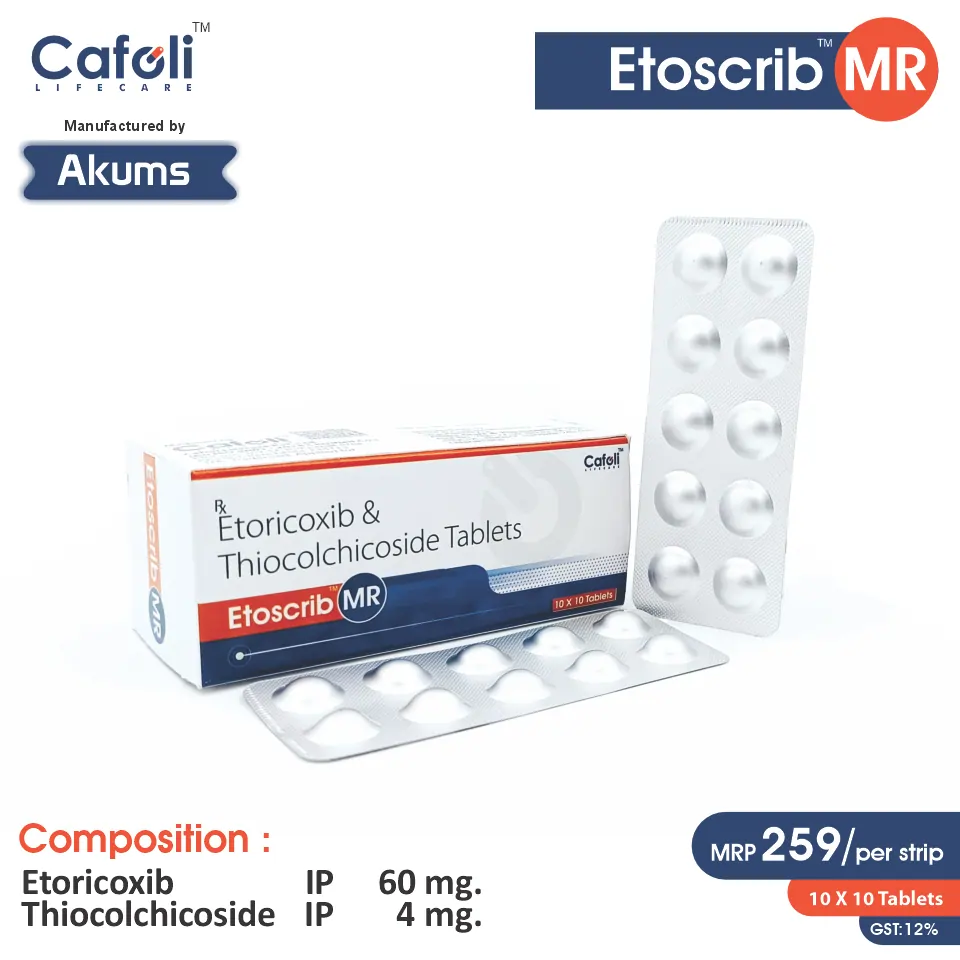 Etoricoxib + Thiocolchicoside Tablet at the best price in PCD Pharma Franchise for NSAID, Pain Relief, and Muscle Relaxant.